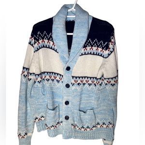 Shawl Collar  Cardigan Vintage by National Shirt Baby Blue Navy Blue and Cream